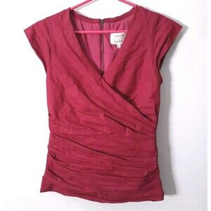 Nicole Miller Artelier Logan S M  V-Neck Top Blouse Ruched Waist Raspberry Pink